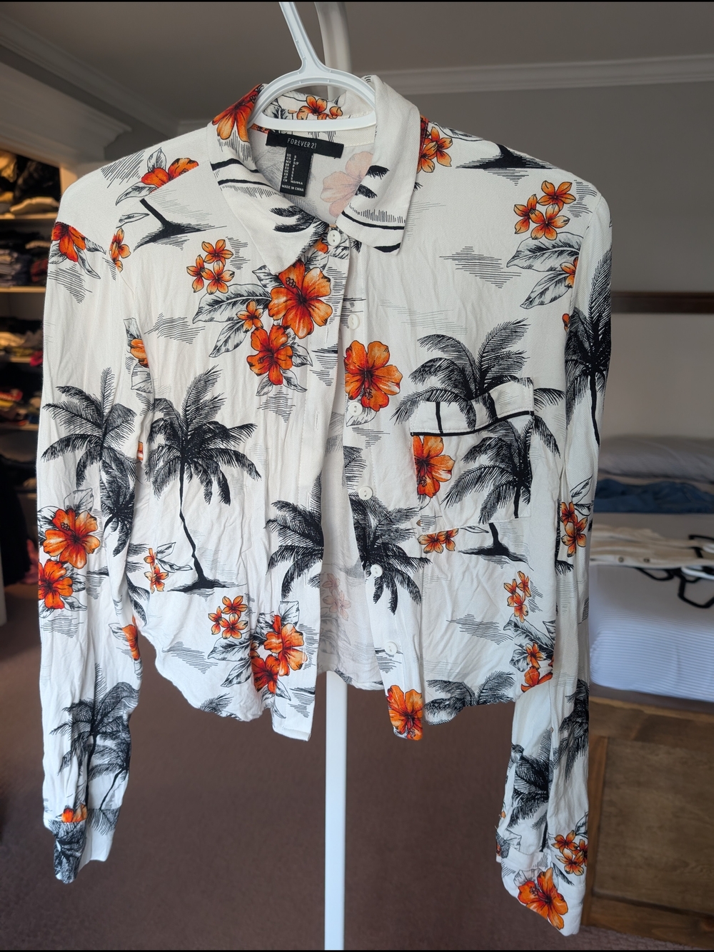 Forever 21 White Button-Down Shirt with Orange Floral & Black Palm Print